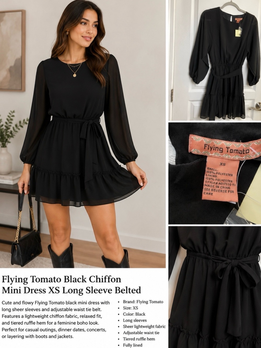 Flying Tomato Black Chiffon Mini Dress XS Long Sleeve Belted